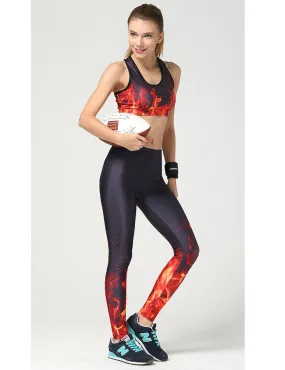 3D Burning Sexy Women's Sporting 2 Piece Set bra pants Fitness Women Workout Runs Clothing Compression Leggings Female Crop Top