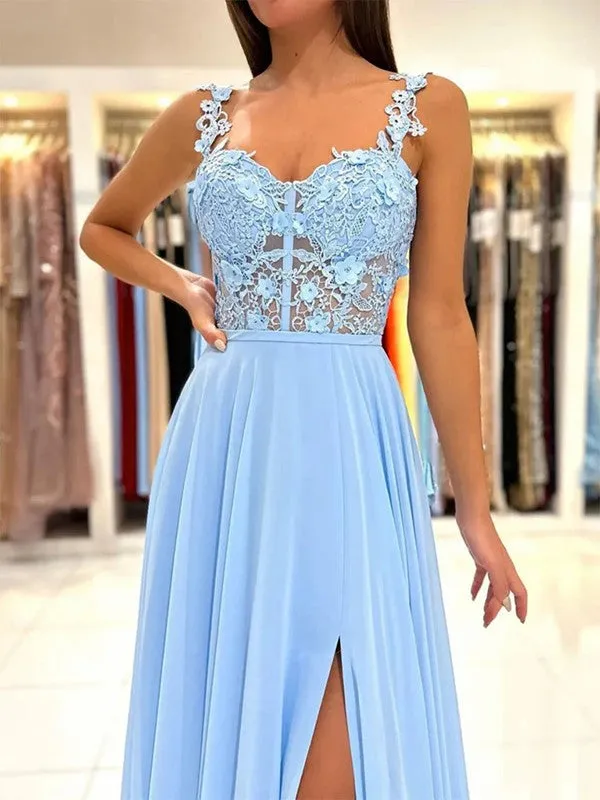 A-Line/Princess Chiffon Applique Straps Sleeveless Sweep/Brush Train Dresses