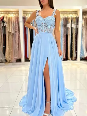 A-Line/Princess Chiffon Applique Straps Sleeveless Sweep/Brush Train Dresses