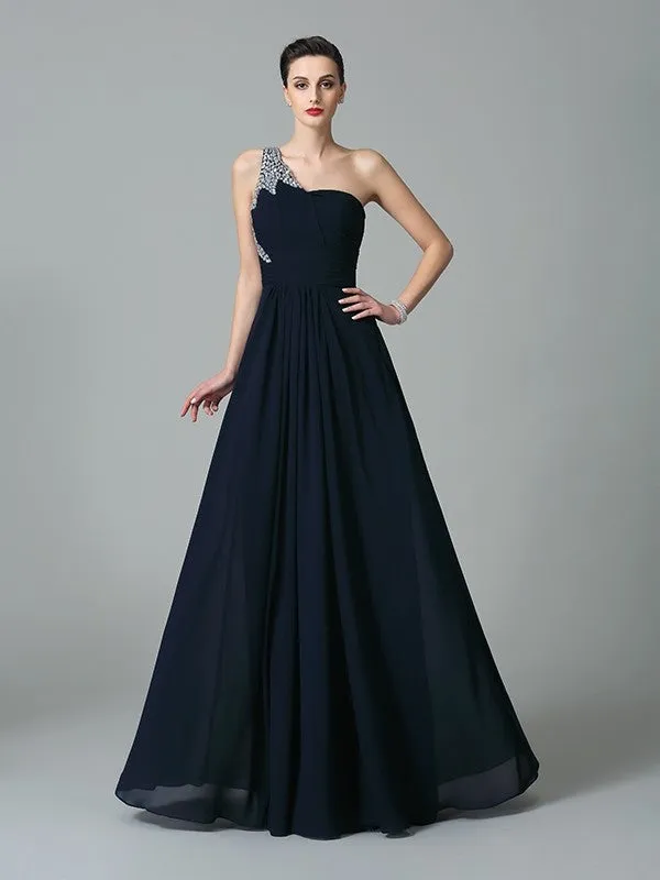 A-Line/Princess One-Shoulder Rhinestone Sleeveless Long Chiffon Dresses