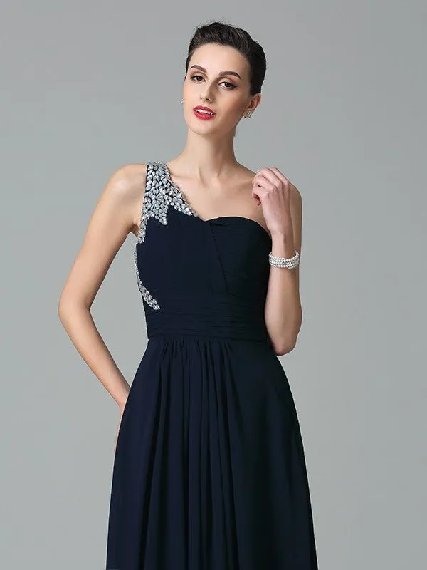 A-Line/Princess One-Shoulder Rhinestone Sleeveless Long Chiffon Dresses