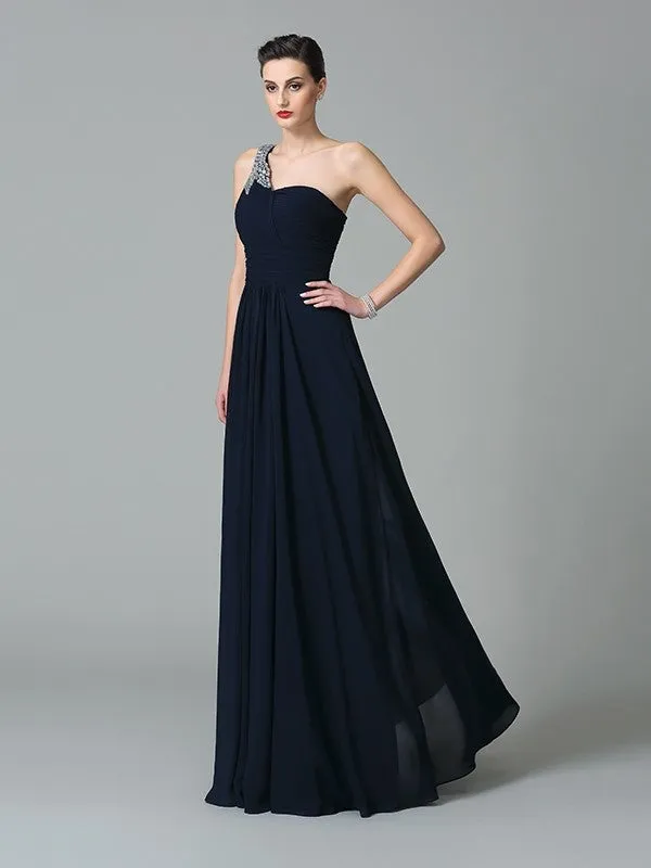 A-Line/Princess One-Shoulder Rhinestone Sleeveless Long Chiffon Dresses