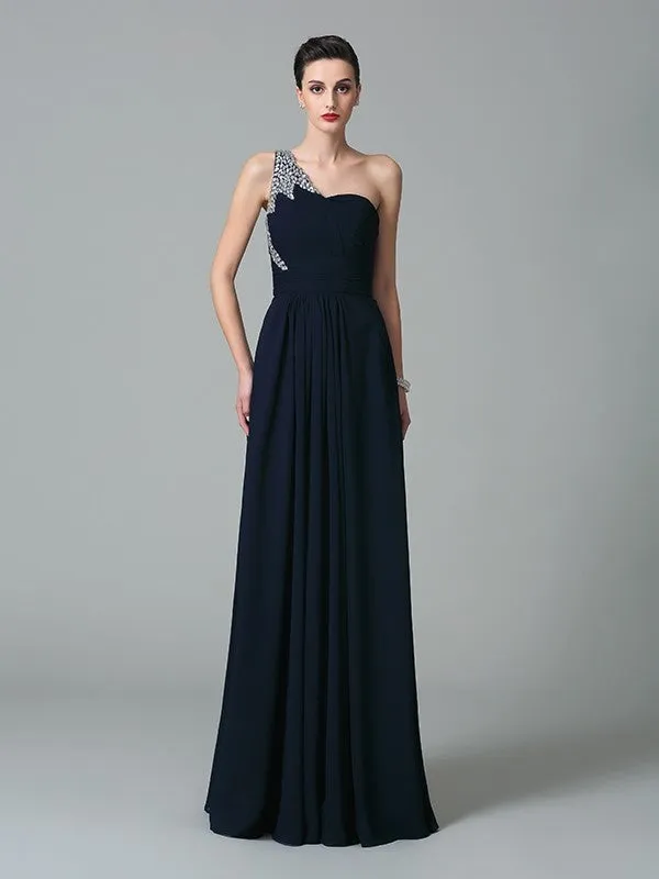 A-Line/Princess One-Shoulder Rhinestone Sleeveless Long Chiffon Dresses