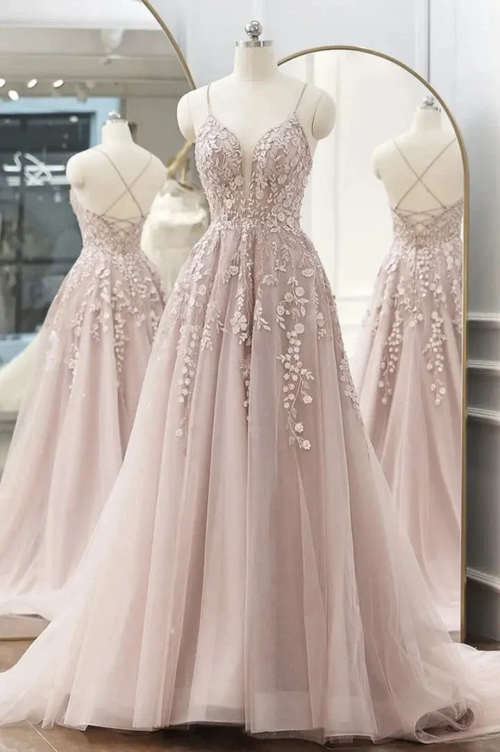 A-Line/Princess Sleeveless V-Neck Floor-Length Applique Tulle Prom Dresses