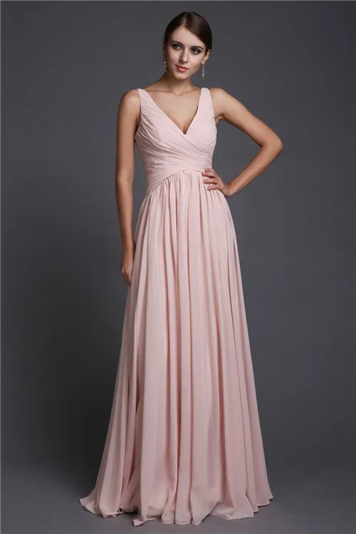 A-Line/Princess V-neck Sleeveless Long Ruffles Chiffon Bridesmaid Dresses