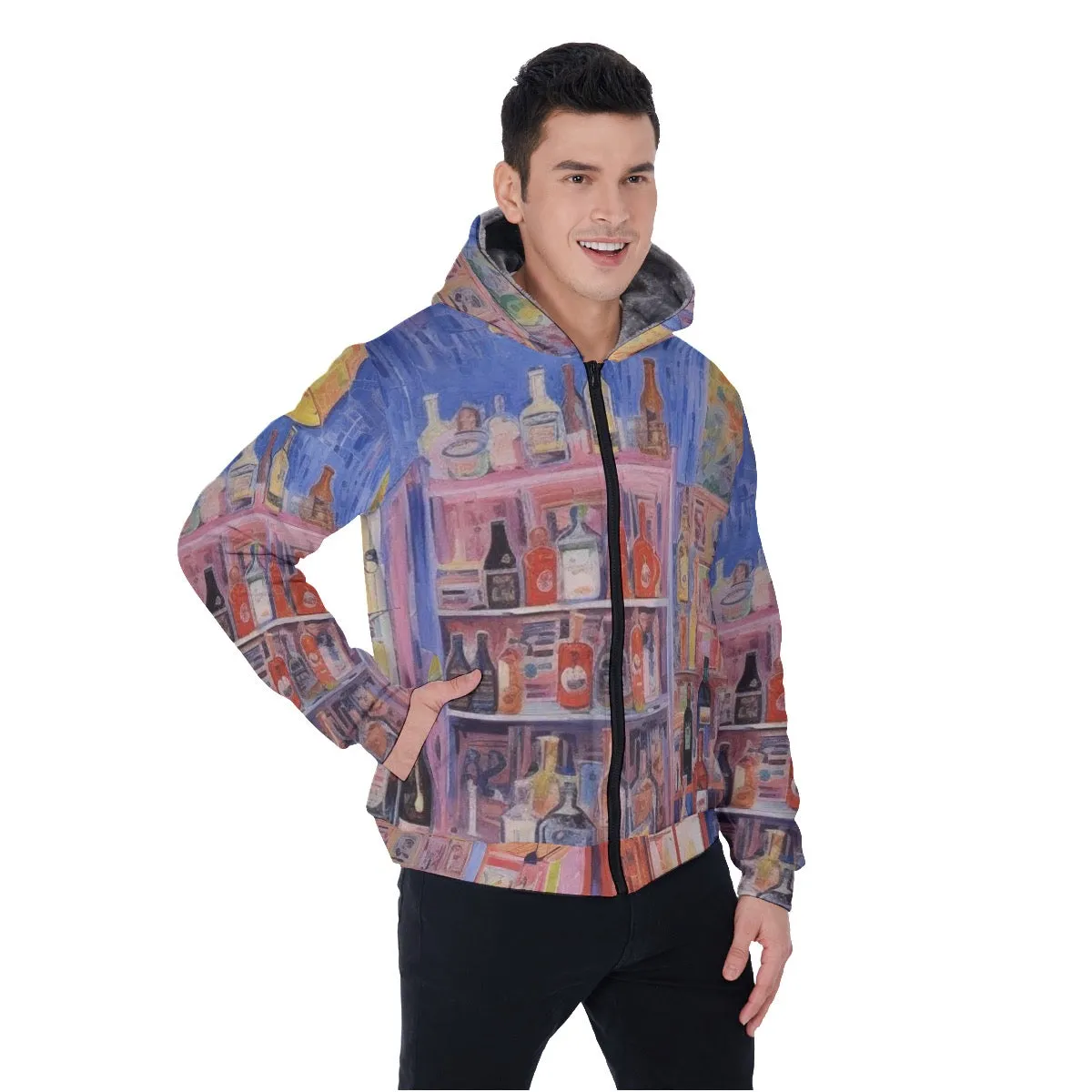 All-Over Print Men's Sherpa Fleece Zip Up Hoodie, booze, cabinet, print, #25VV