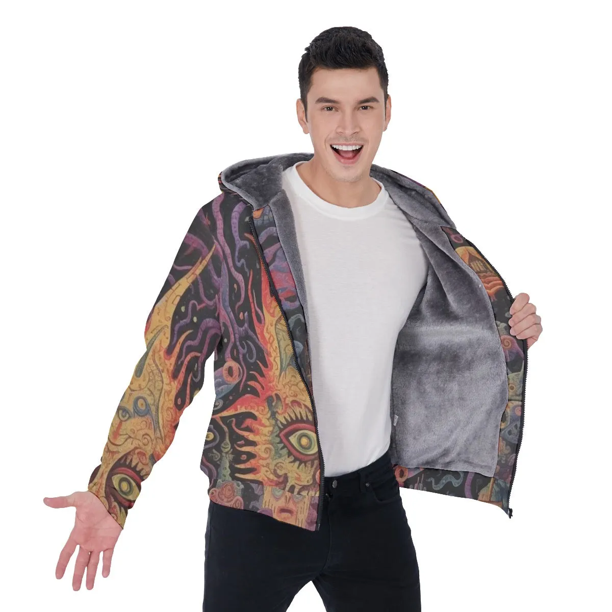 All-Over Print Men's Sherpa Fleece Zip Up Hoodie, face abstract print, #25aa4