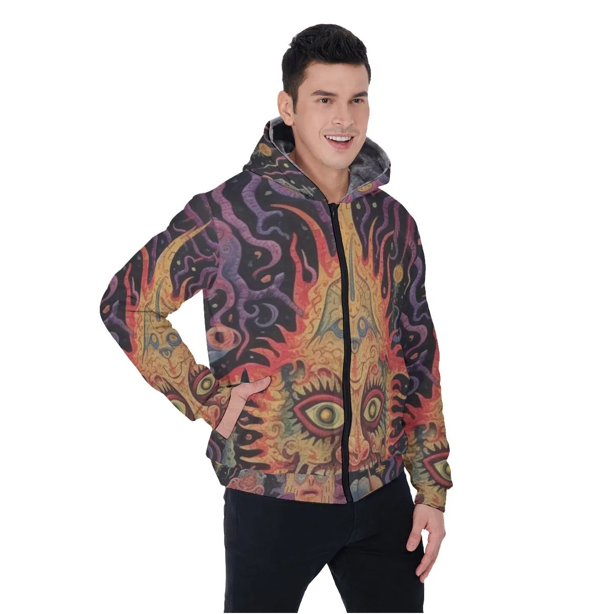 All-Over Print Men's Sherpa Fleece Zip Up Hoodie, face abstract print, #25aa4