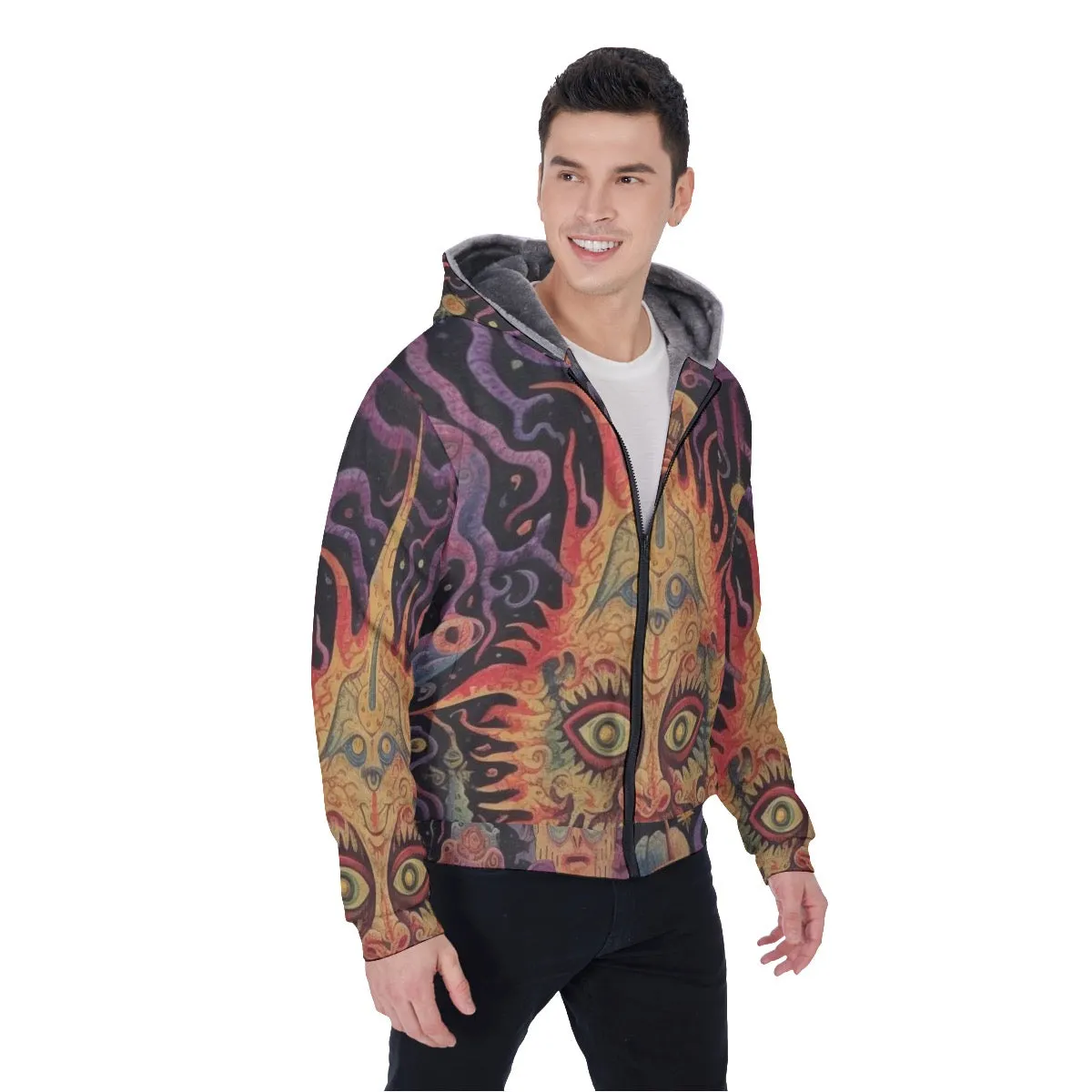 All-Over Print Men's Sherpa Fleece Zip Up Hoodie, face abstract print, #25aa4