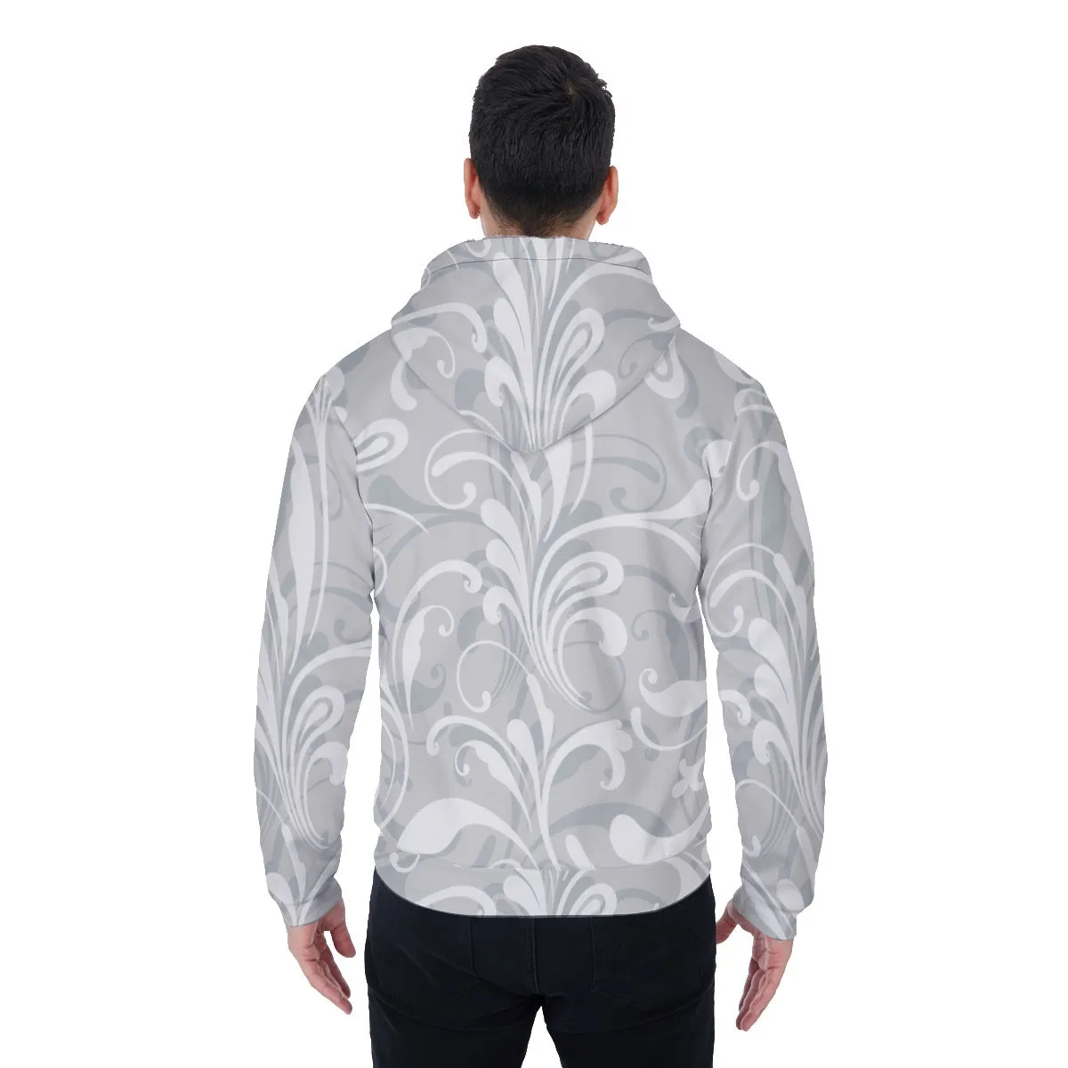 All-Over Print Men's Sherpa Fleece Zip Up Hoodie, gray and white theme, print, #25oo