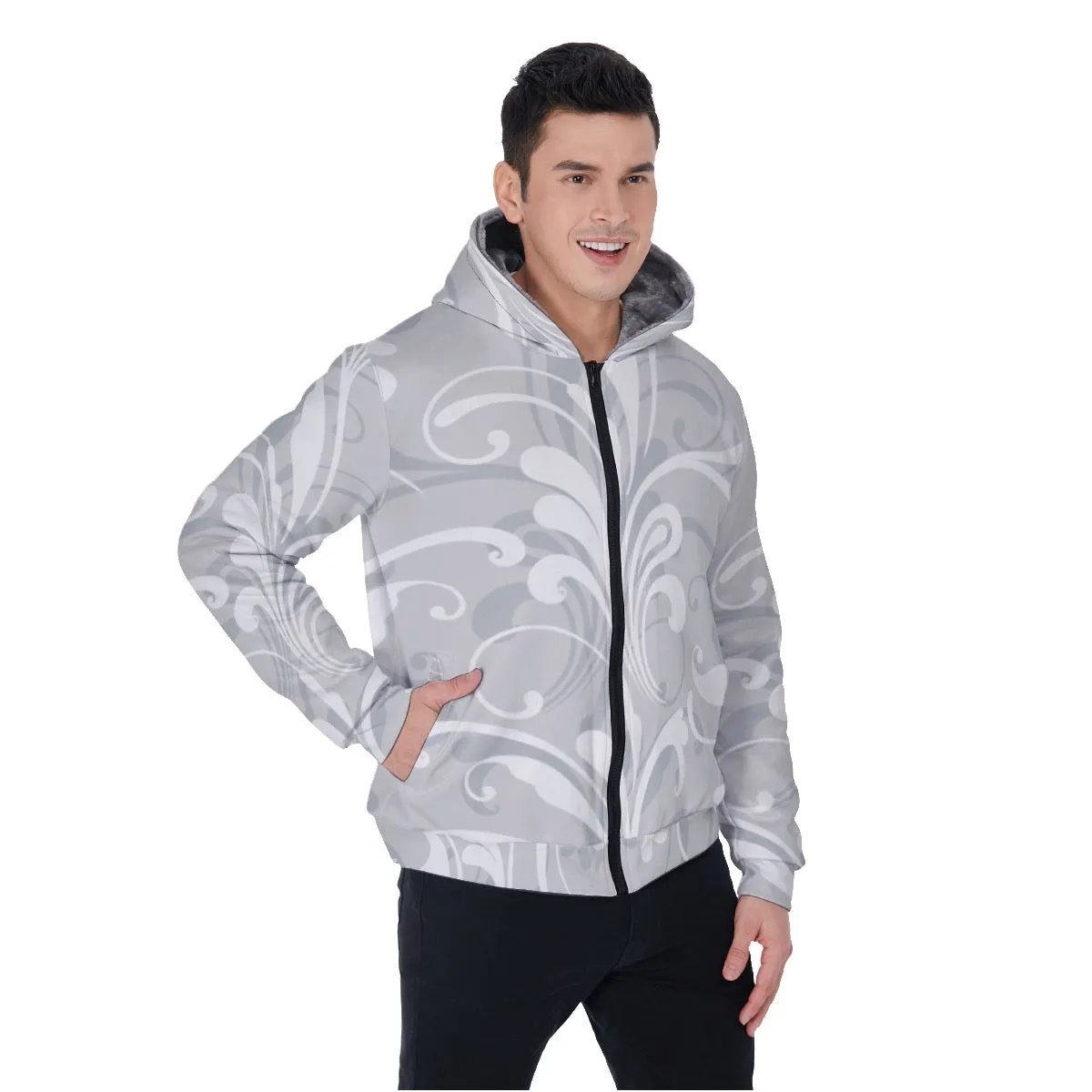 All-Over Print Men's Sherpa Fleece Zip Up Hoodie, gray and white theme, print, #25oo