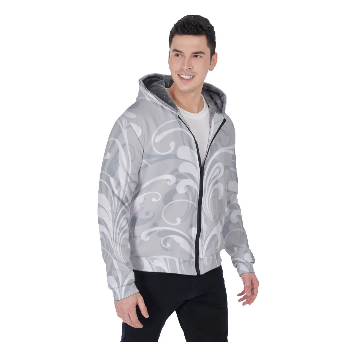 All-Over Print Men's Sherpa Fleece Zip Up Hoodie, gray and white theme, print, #25oo