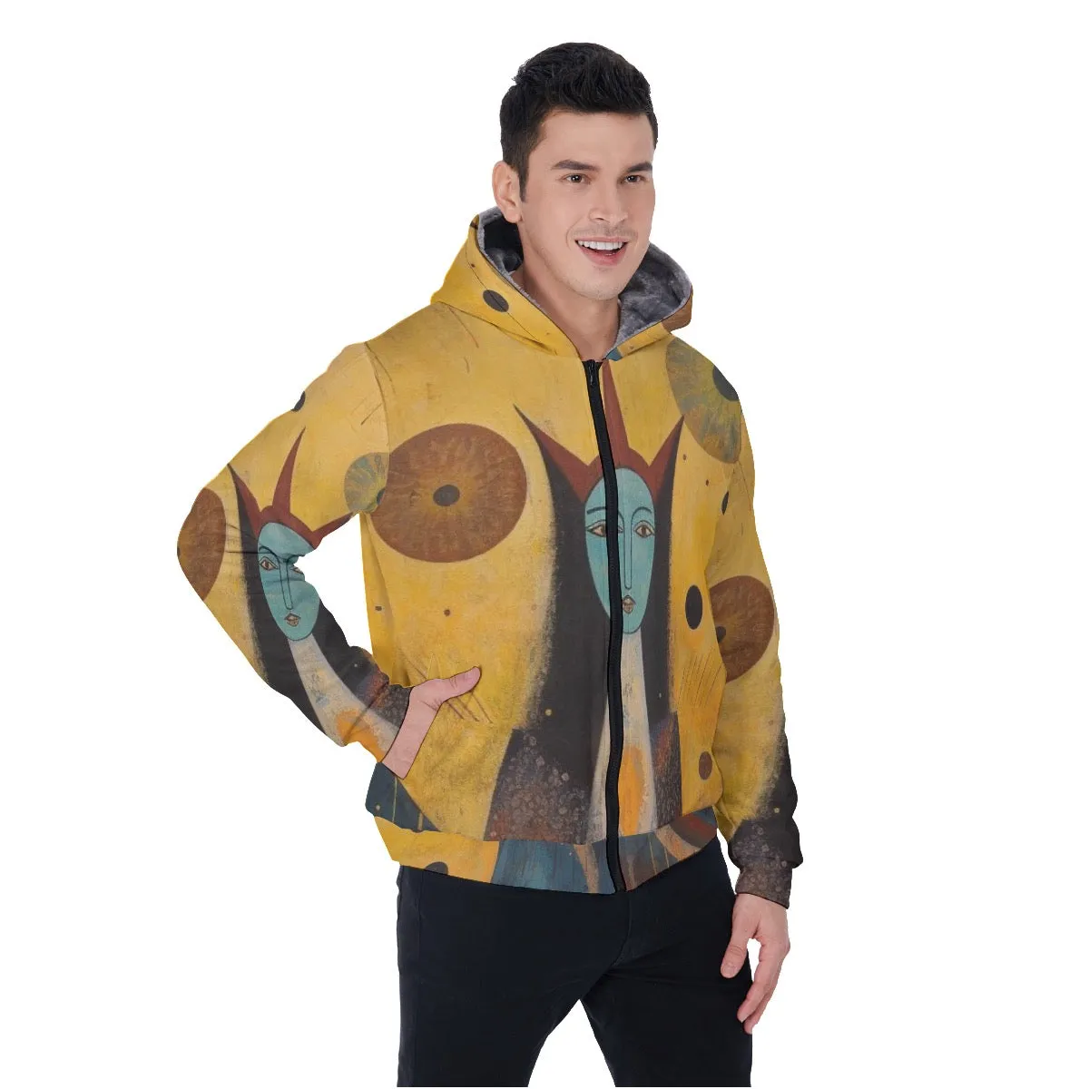 All-Over Print Men's Sherpa Fleece Zip Up Hoodie, yellow abstract, print, #25GG