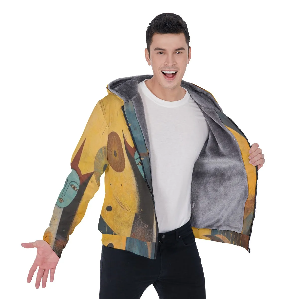 All-Over Print Men's Sherpa Fleece Zip Up Hoodie, yellow abstract, print, #25GG