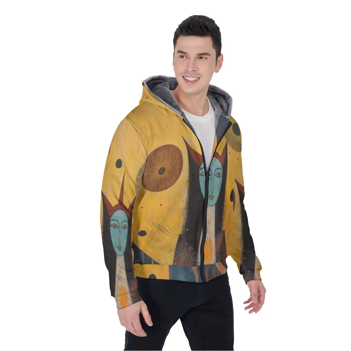 All-Over Print Men's Sherpa Fleece Zip Up Hoodie, yellow abstract, print, #25GG