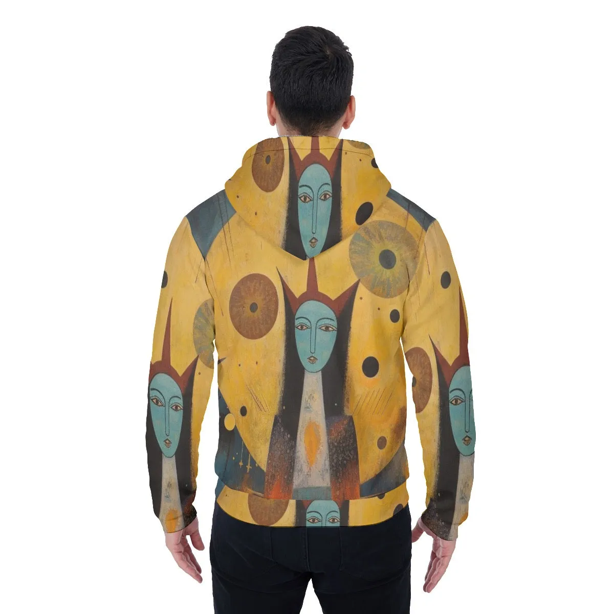 All-Over Print Men's Sherpa Fleece Zip Up Hoodie, yellow abstract, print, #25GG