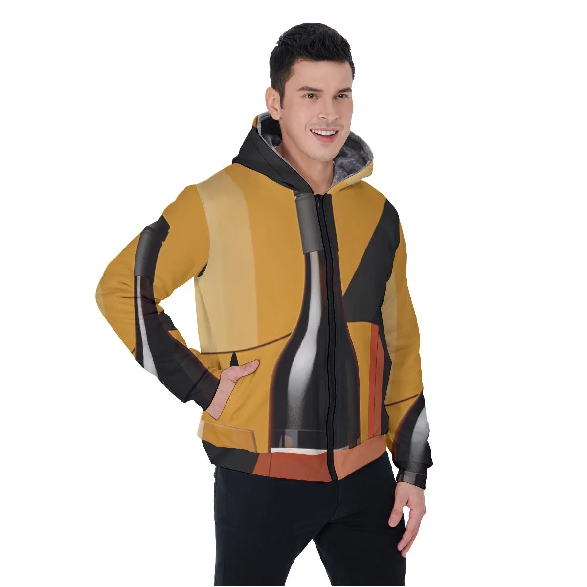 All-Over Print Men's Sherpa Fleece Zip Up Hoodie, yellow, black, abstract, beer, print,#25K