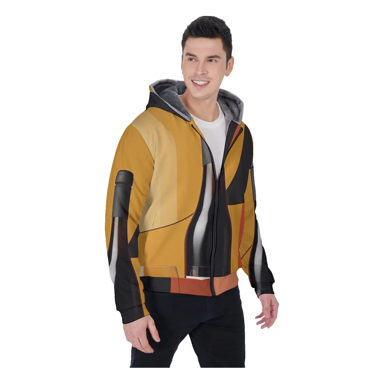 All-Over Print Men's Sherpa Fleece Zip Up Hoodie, yellow, black, abstract, beer, print,#25K