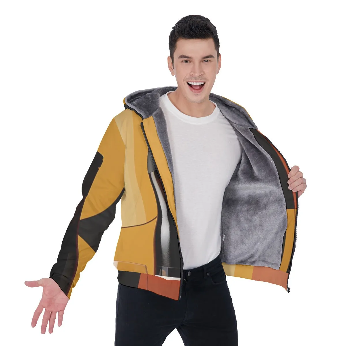 All-Over Print Men's Sherpa Fleece Zip Up Hoodie, yellow, black, abstract, beer, print,#25K