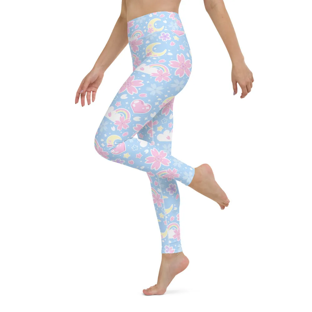 Cherry Blossom Dreams Blue Yoga Leggings