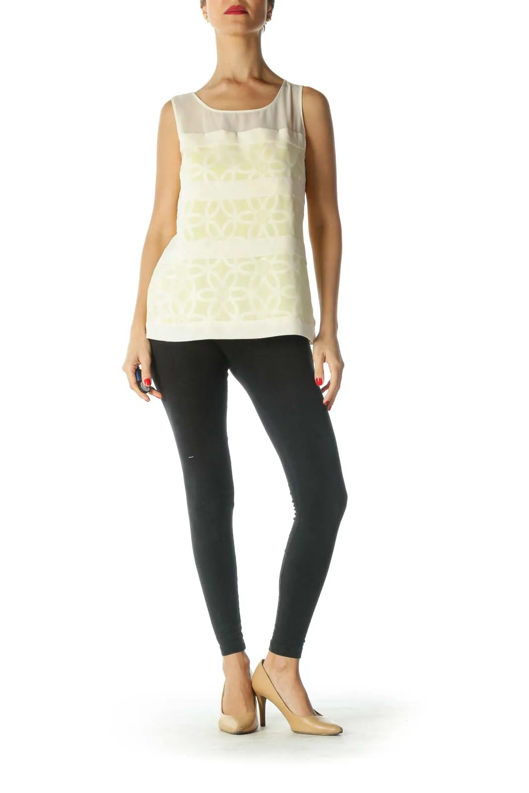 Cream Yellow See-Through Knit Floral Tank Top