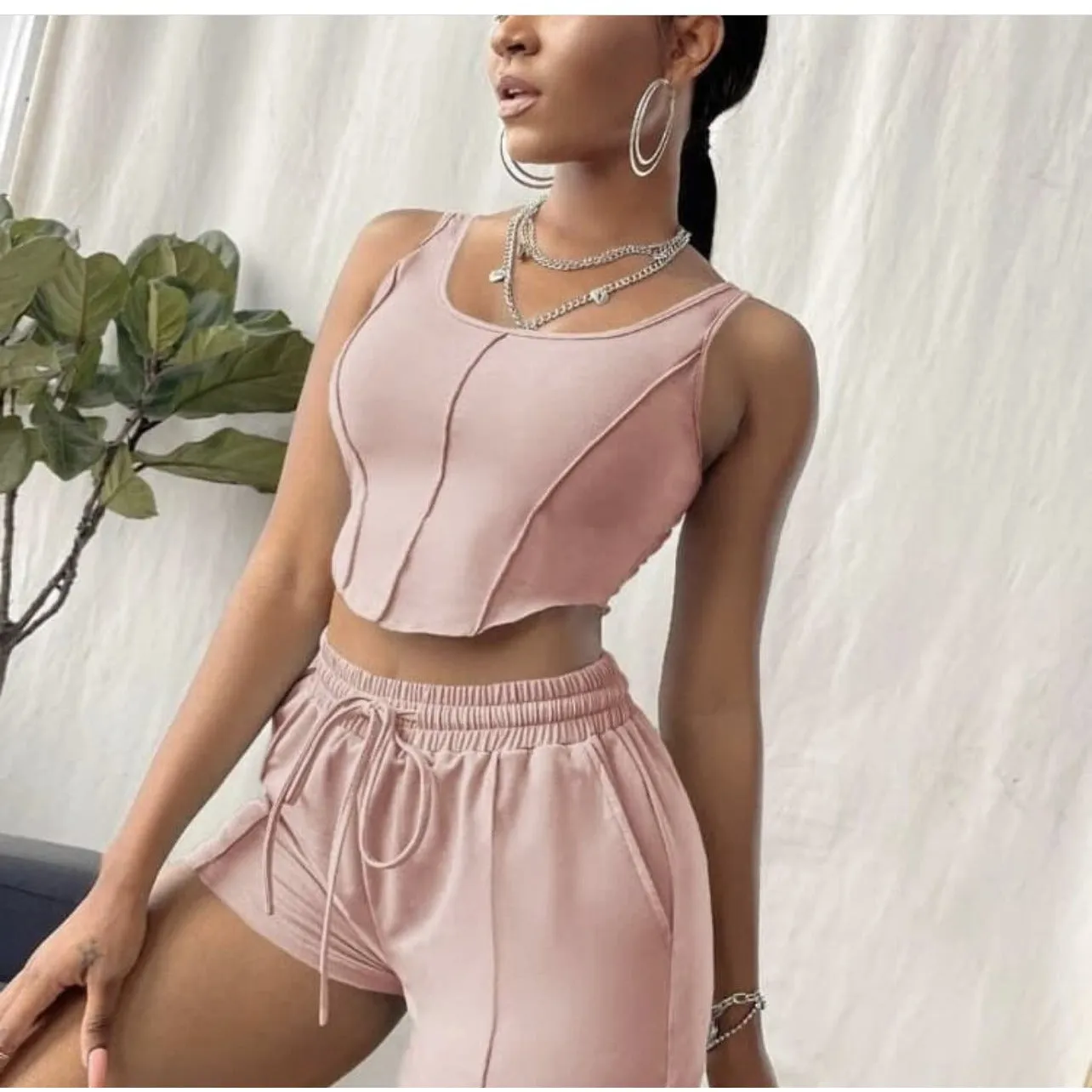 Crop Tank Top Drawstring Waist Track Shorts Set