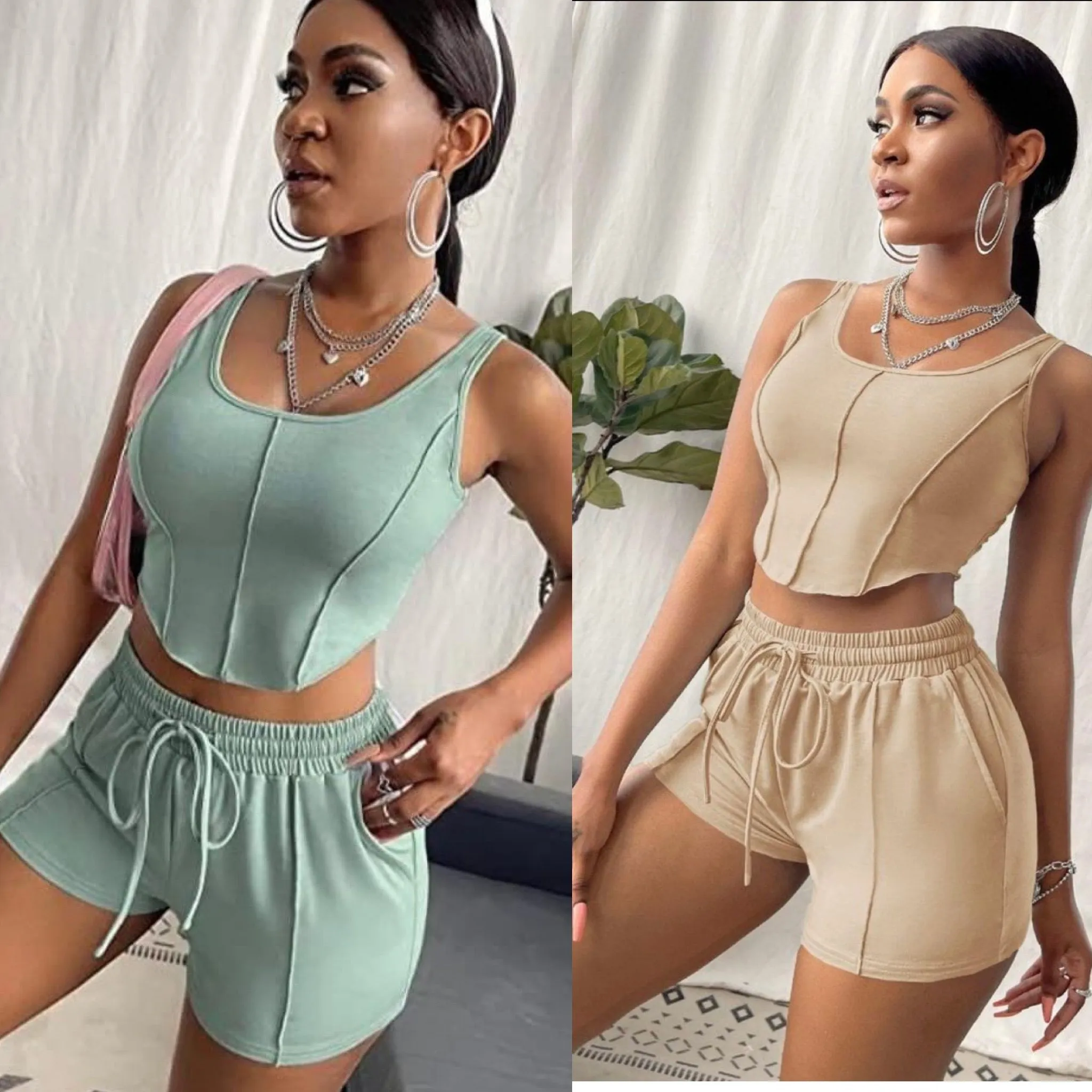 Crop Tank Top Drawstring Waist Track Shorts Set