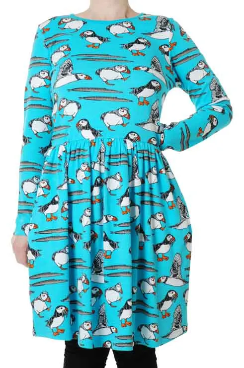 DUNS Adult LS Gathered Dress - Puffin Blue Atoll