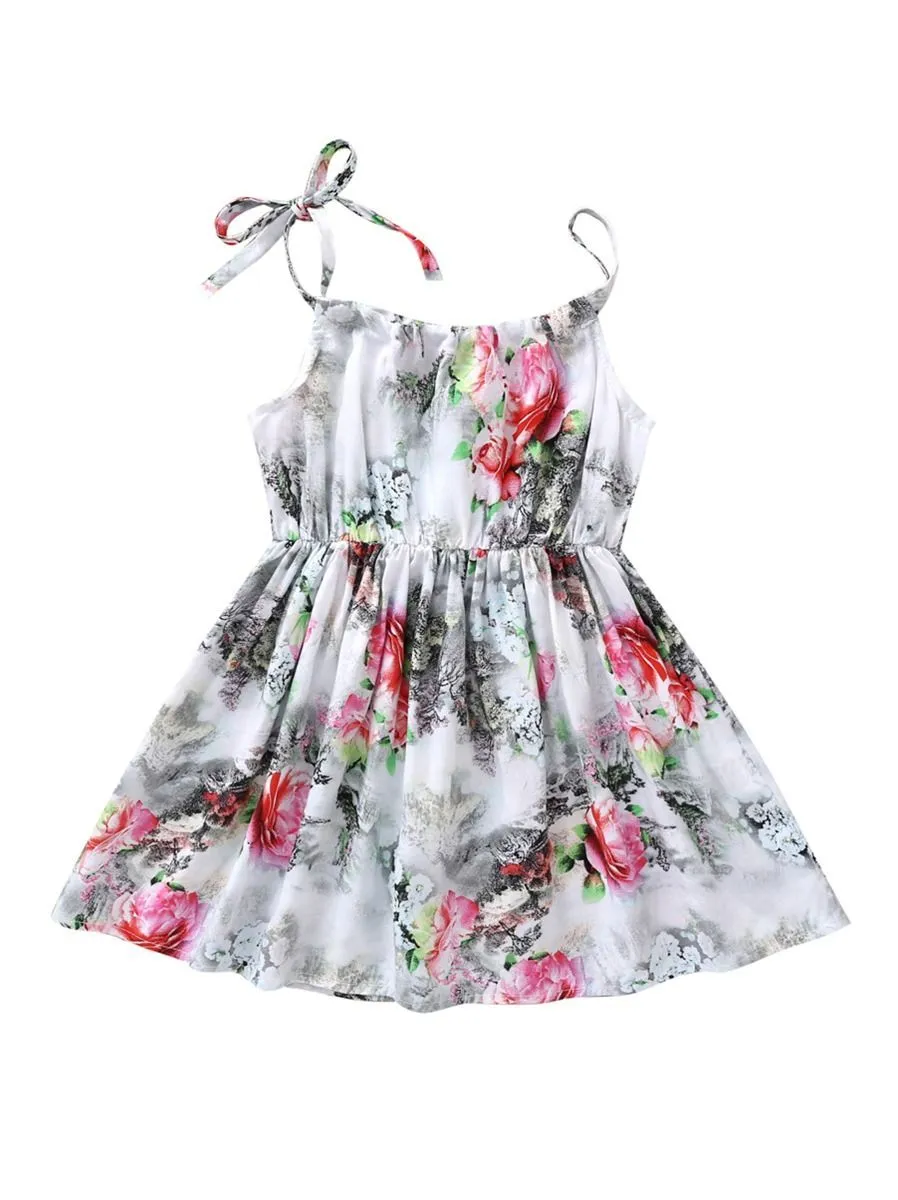 Fashion Flower Print Baby Girls Suspender Dresses