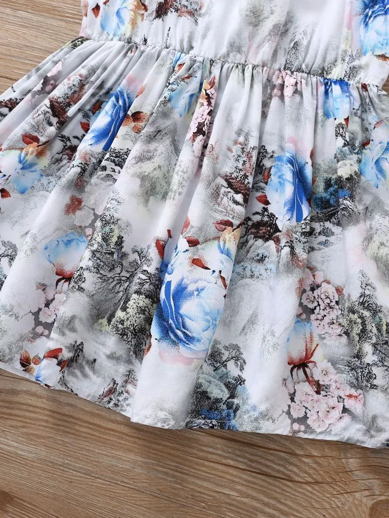 Fashion Flower Print Baby Girls Suspender Dresses