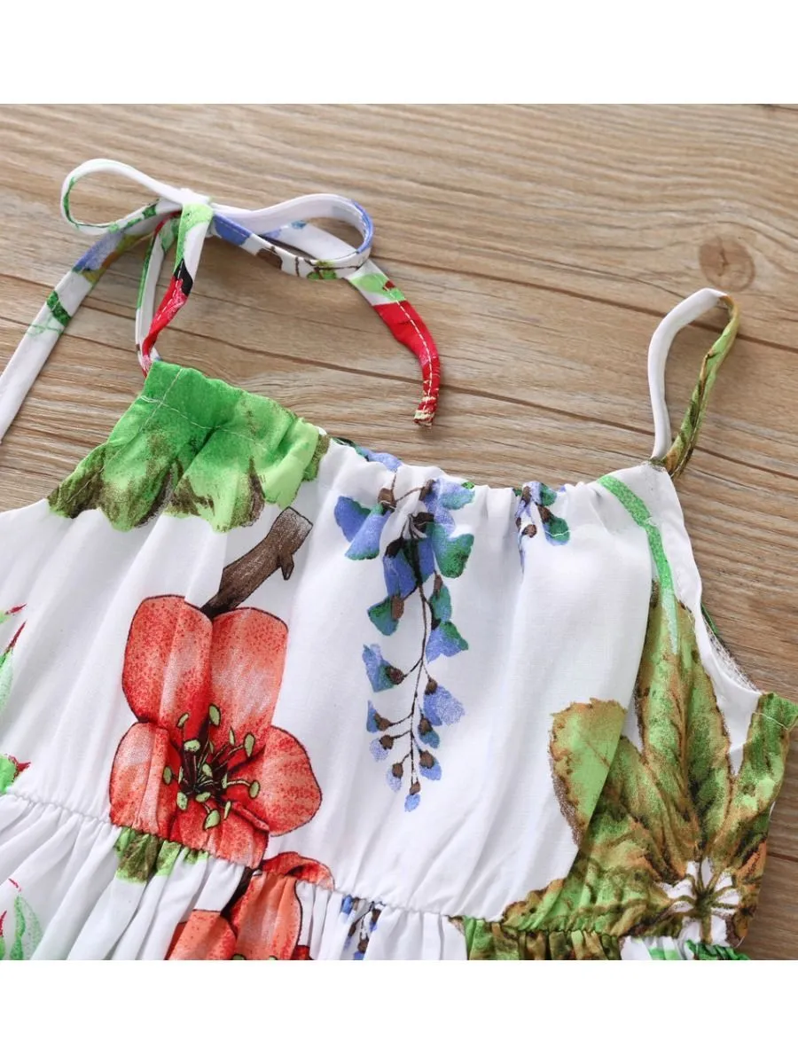 Fashion Flower Print Baby Girls Suspender Dresses