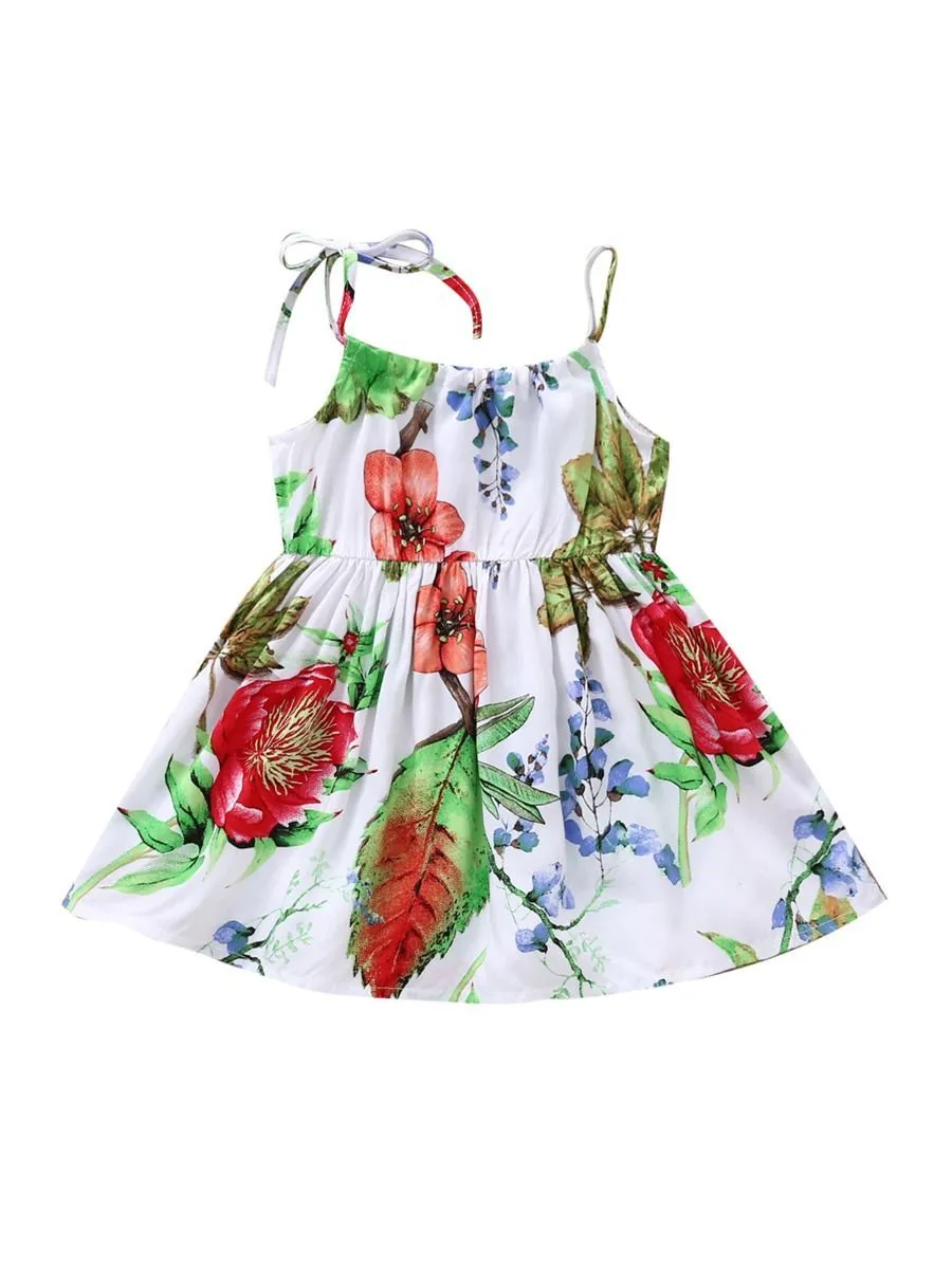 Fashion Flower Print Baby Girls Suspender Dresses