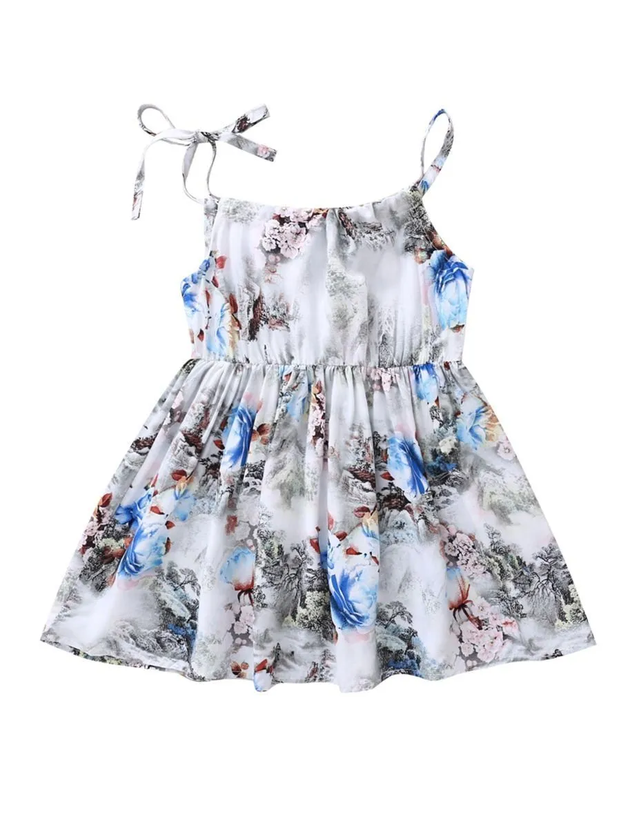 Fashion Flower Print Baby Girls Suspender Dresses