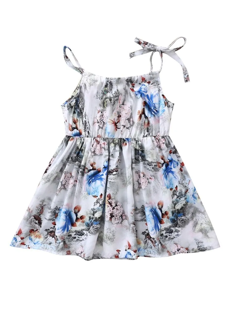 Fashion Flower Print Baby Girls Suspender Dresses