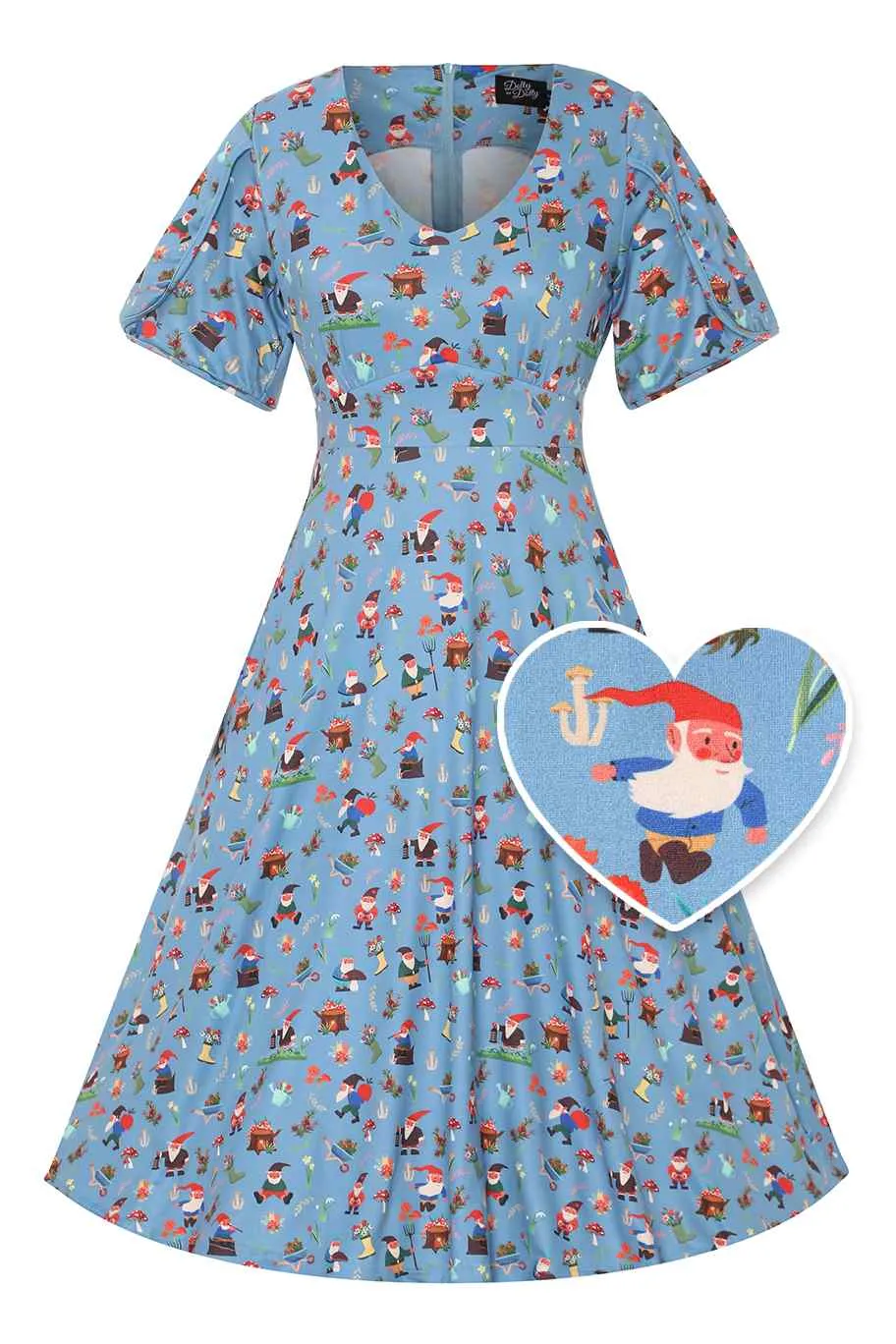 Janice Blue Petal Sleeved Tea Dress in Garden Gnome Print