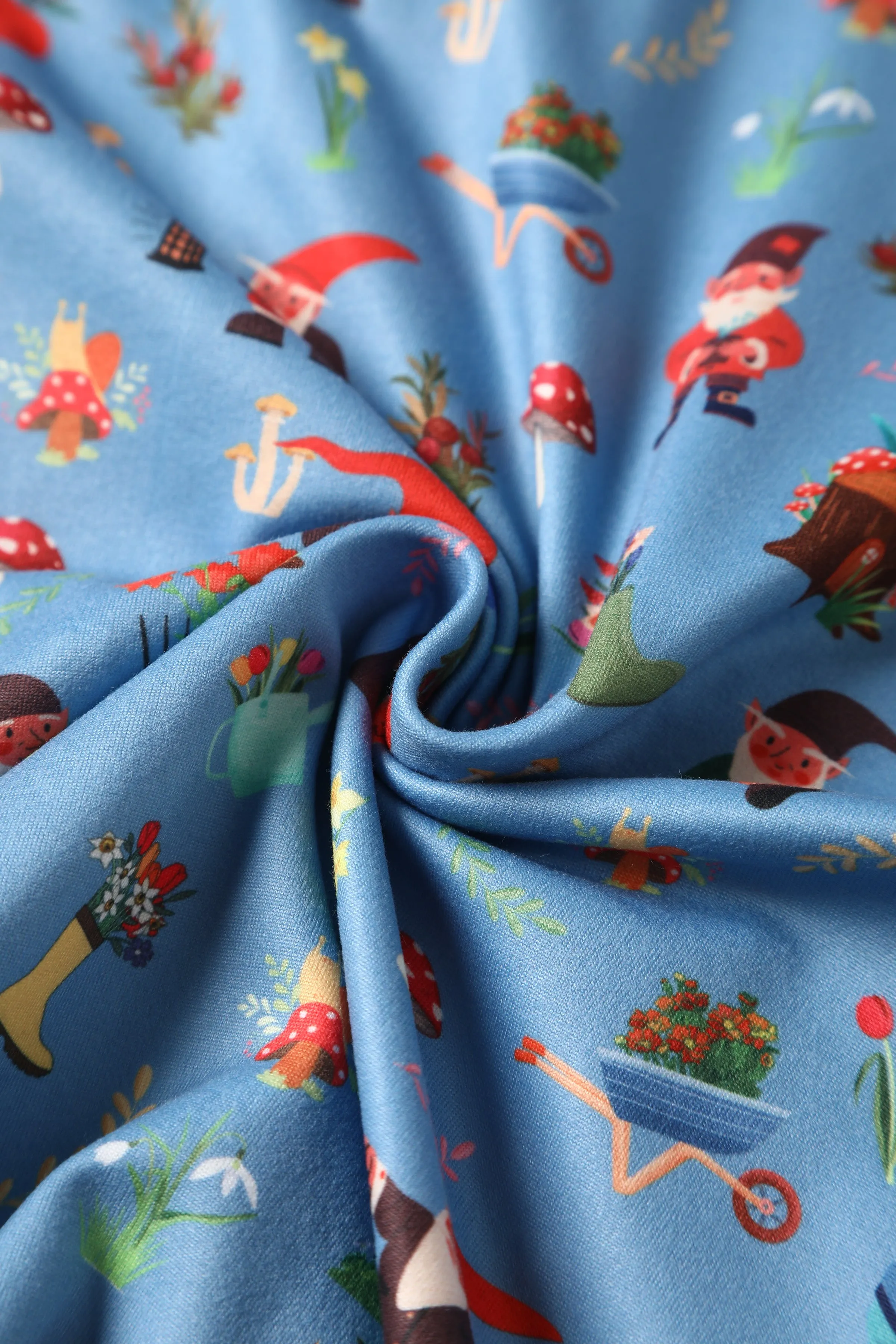 Janice Blue Petal Sleeved Tea Dress in Garden Gnome Print