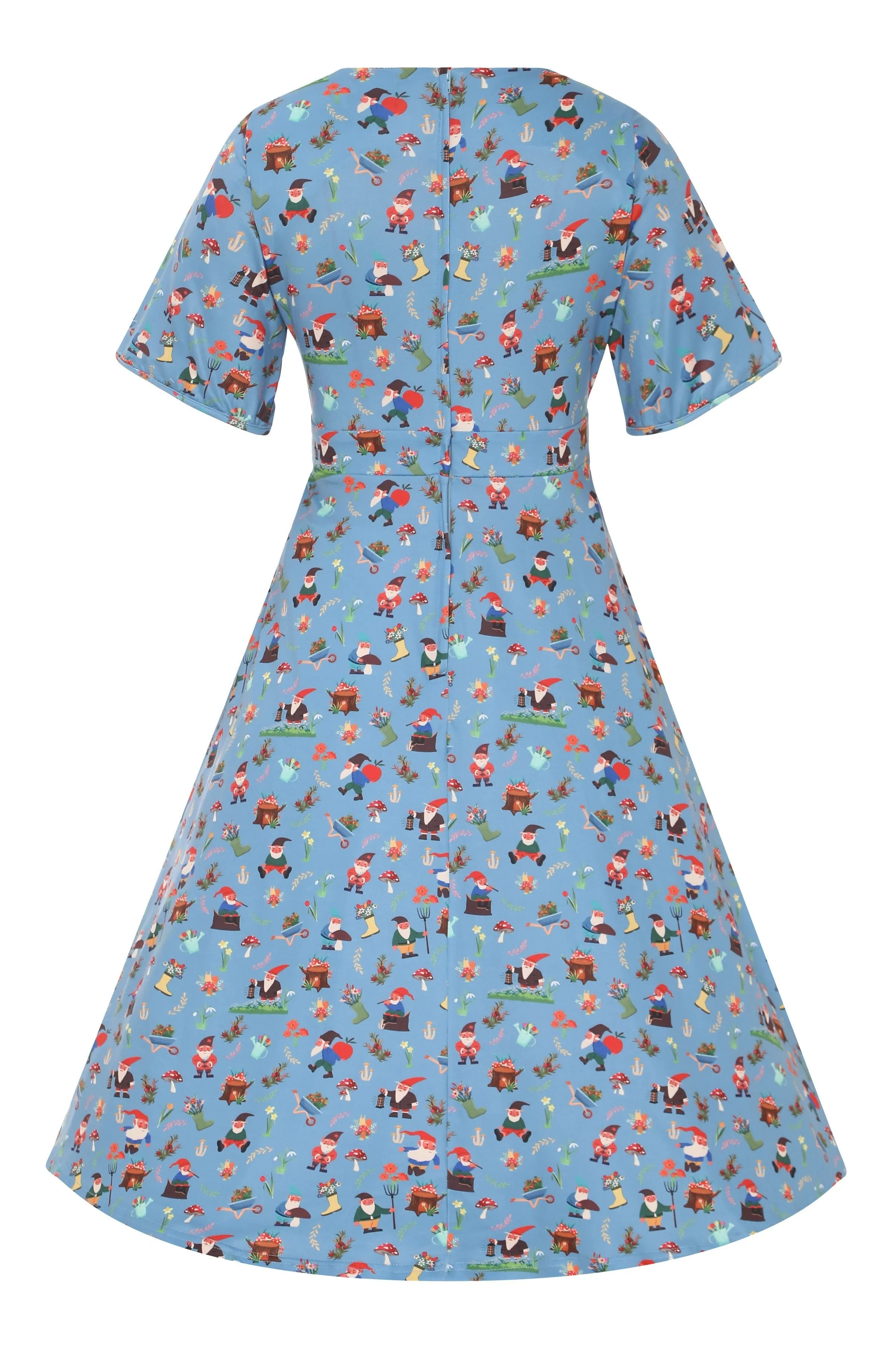 Janice Blue Petal Sleeved Tea Dress in Garden Gnome Print