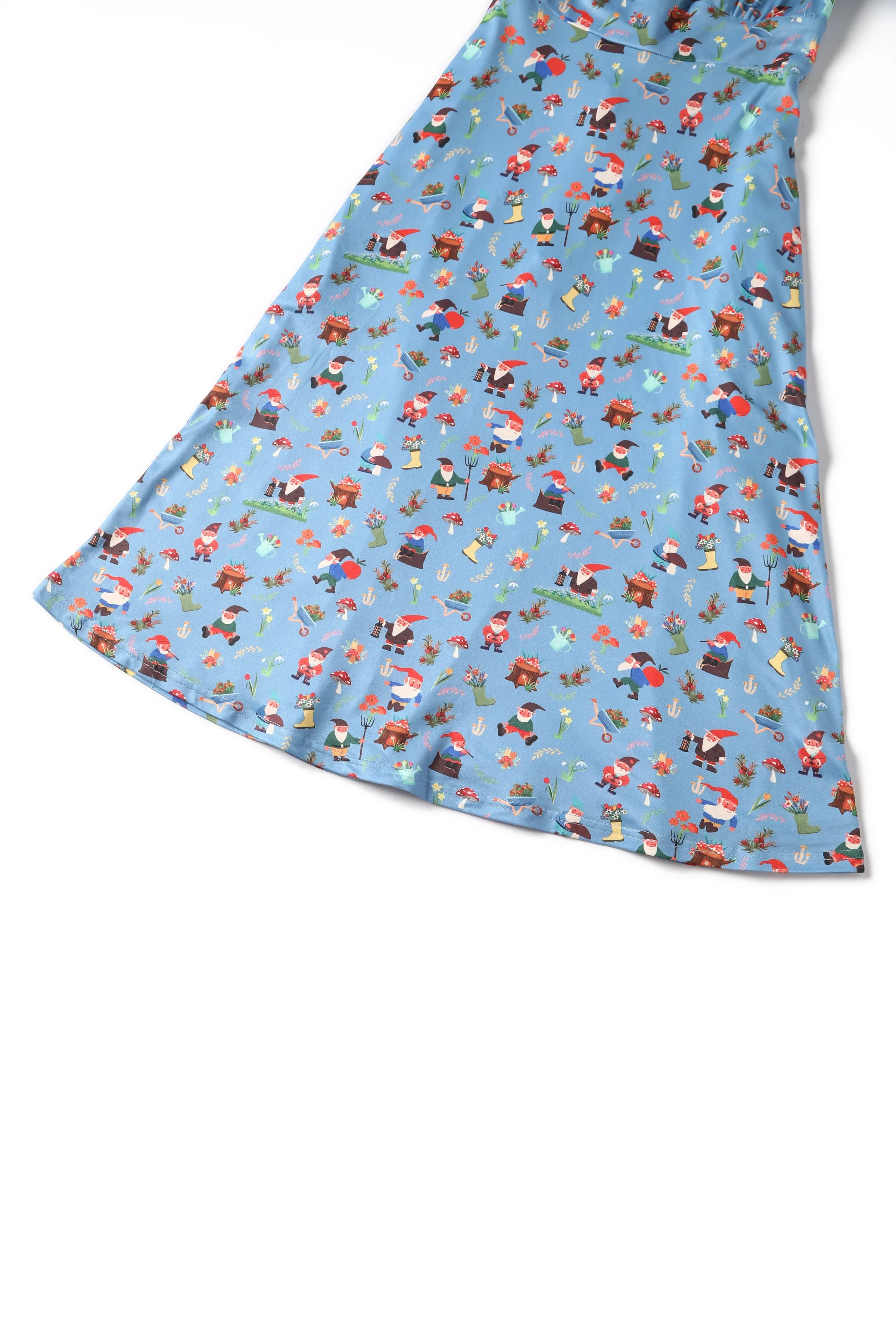 Janice Blue Petal Sleeved Tea Dress in Garden Gnome Print