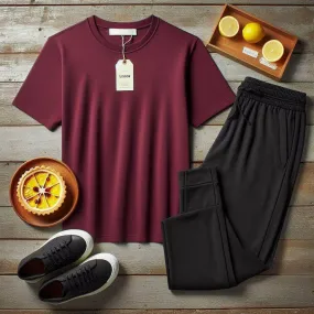 Lemon Tart Mens Plain T-Shirt and Jogger Pants Set - LTMTSPS1 - Maroon Black