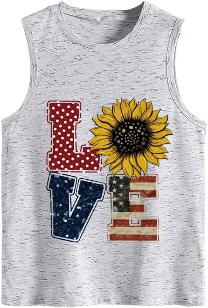 Love American Flag Sunflower Tank for Women Independence Day 4th of July Party Shirt