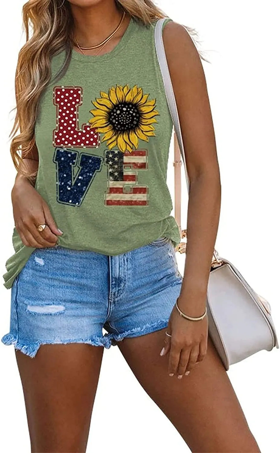 Love American Flag Sunflower Tank for Women Independence Day 4th of July Party Shirt