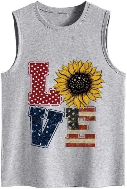 Love American Flag Sunflower Tank for Women Independence Day 4th of July Party Shirt