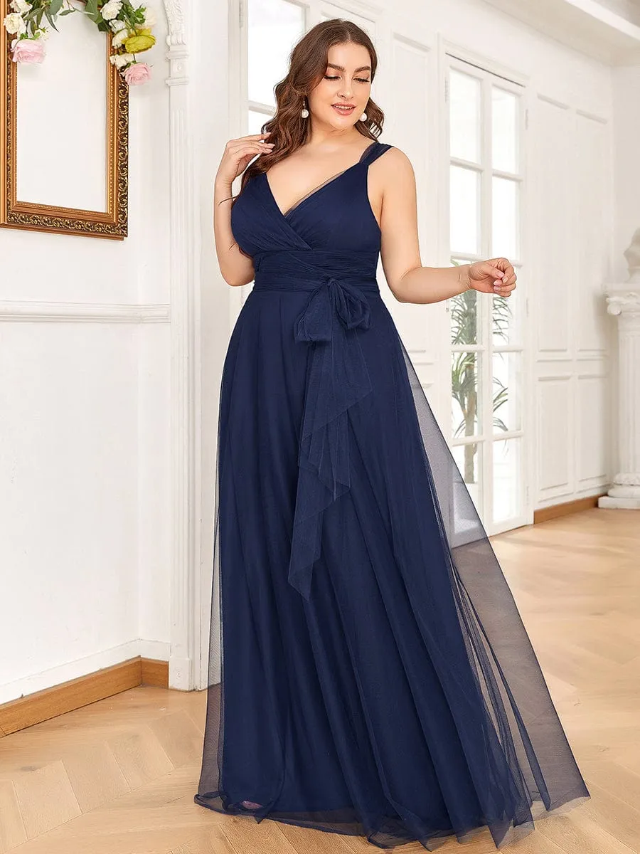 Plus Size Double V Neck Maxi Tulle Bridesmaid Dress