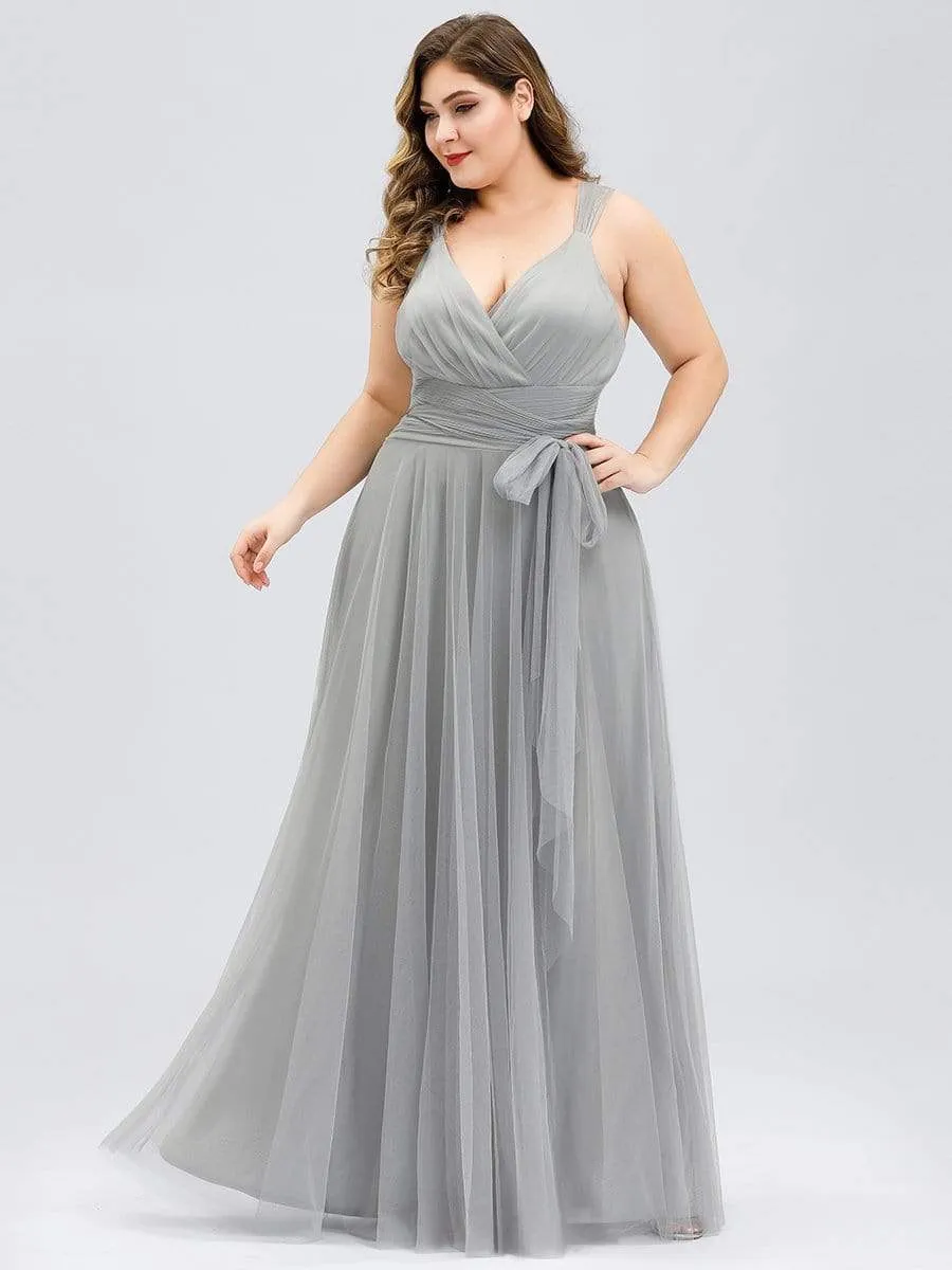 Plus Size Double V Neck Maxi Tulle Bridesmaid Dress