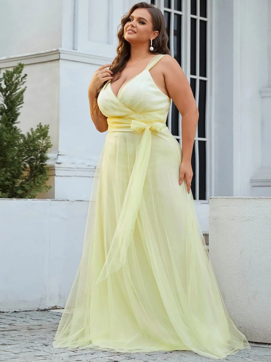 Plus Size Double V Neck Maxi Tulle Bridesmaid Dress