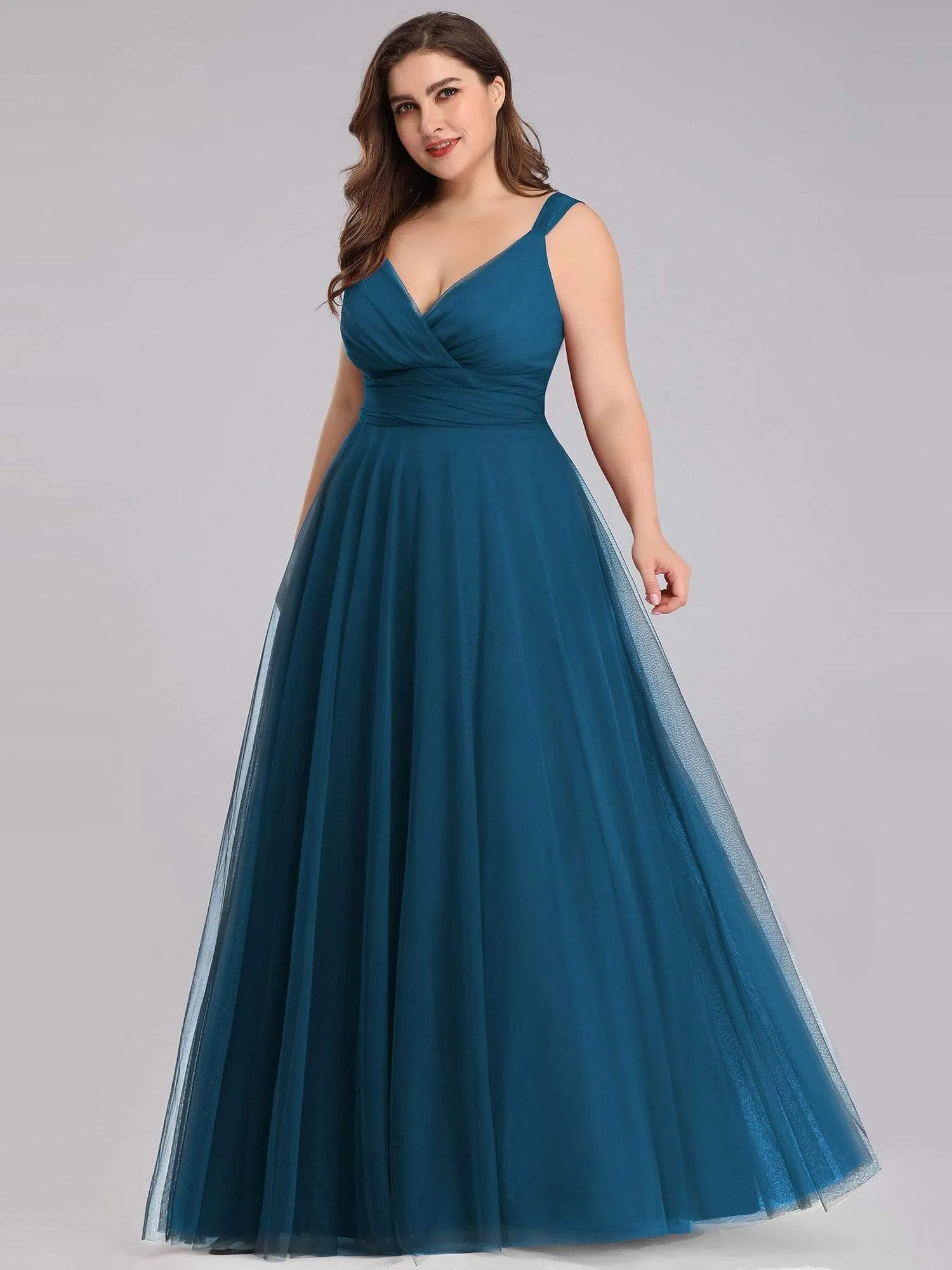 Plus Size Double V Neck Maxi Tulle Bridesmaid Dress