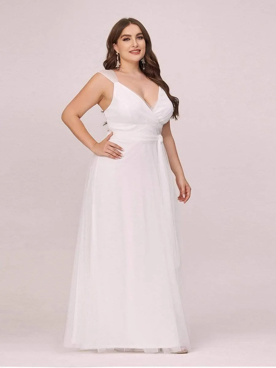 Plus Size Double V Neck Maxi Tulle Bridesmaid Dress