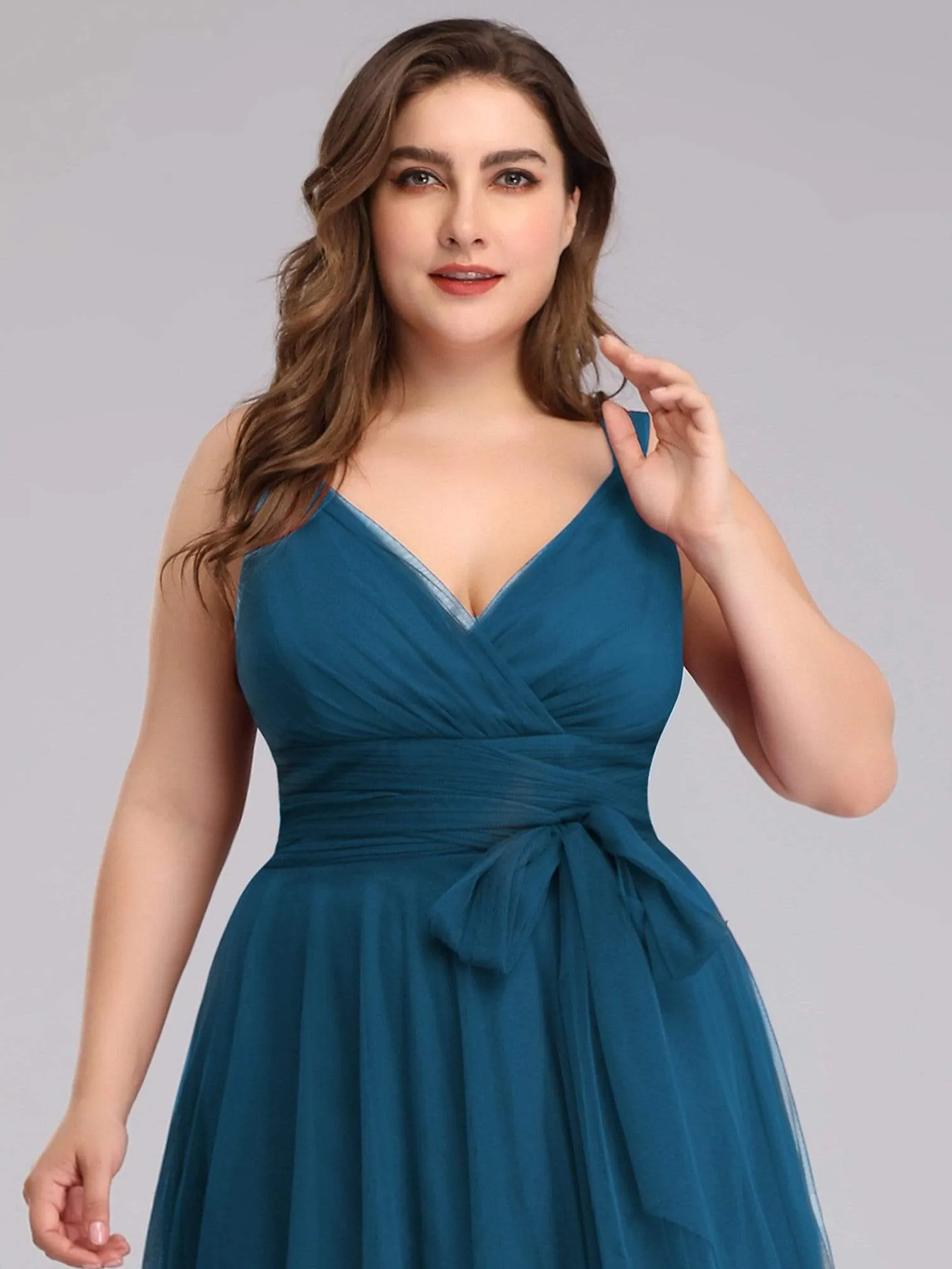 Plus Size Double V Neck Maxi Tulle Bridesmaid Dress