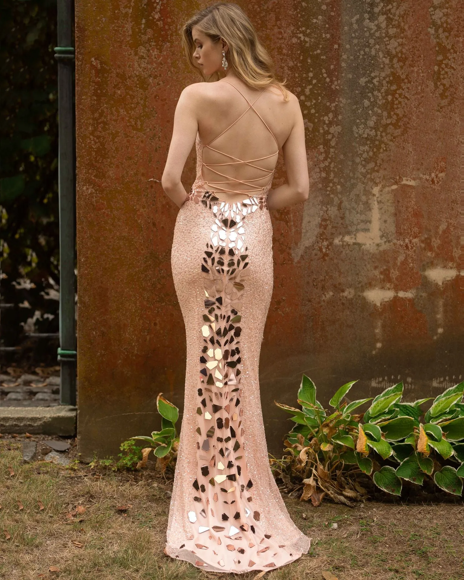 Primavera Couture 3616 size 8 Rose Gold Cut Glass Prom Dress Fitted Sequin Backless Formal Gown