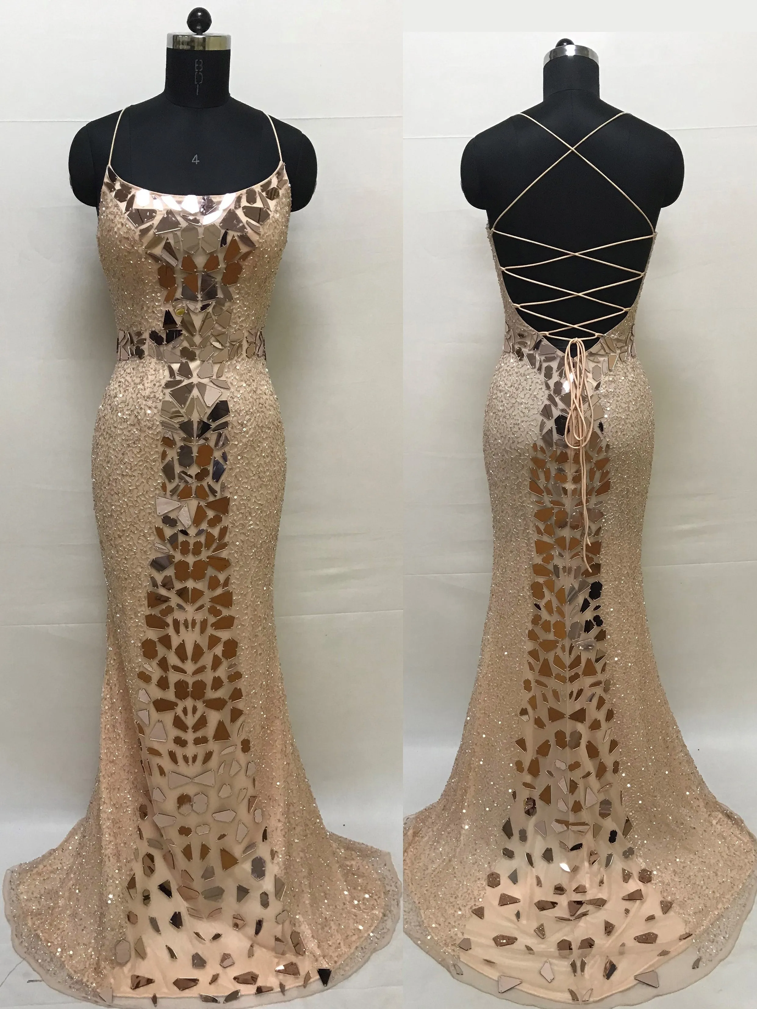 Primavera Couture 3616 size 8 Rose Gold Cut Glass Prom Dress Fitted Sequin Backless Formal Gown